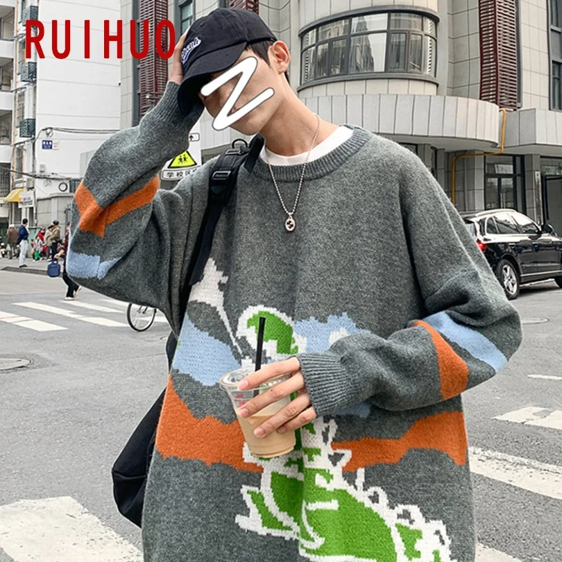 

RUIHUO Cartoon Knitted Sweater Men Clothing Harajuku Sweaters Pullover Men Sweater Fashion Mens Clothes M-2XL 2021