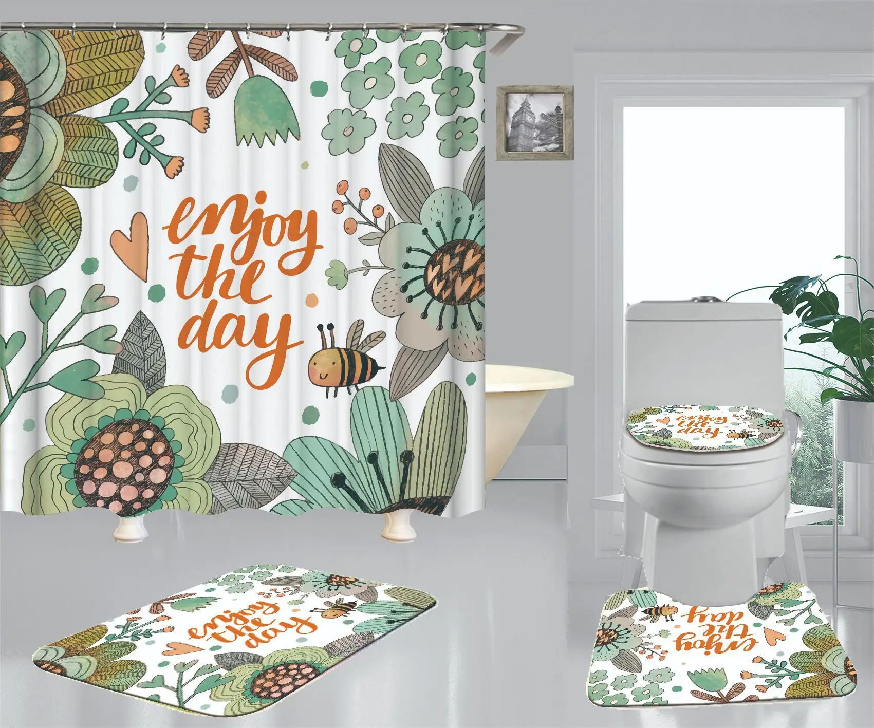 

Простая занавеска для душа с зелеными растениями, водонепроницаемая занавеска для ванной из полиэстера с 3D рисунком листьев, декоративная ...