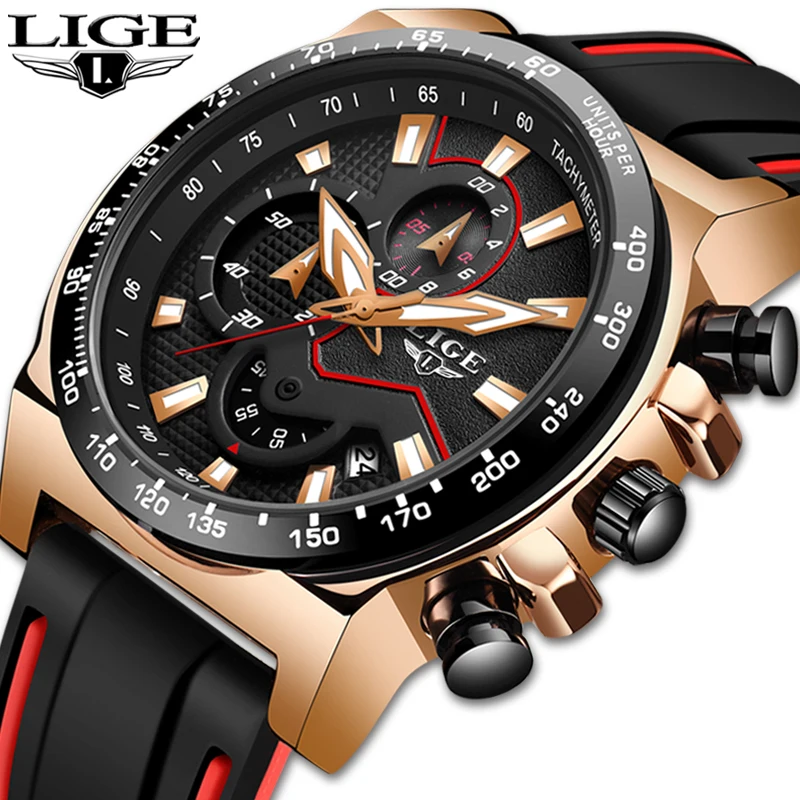 Часы LIGE мужские кварцевые водонепроницаемые с силиконовым ремешком|Кварцевые