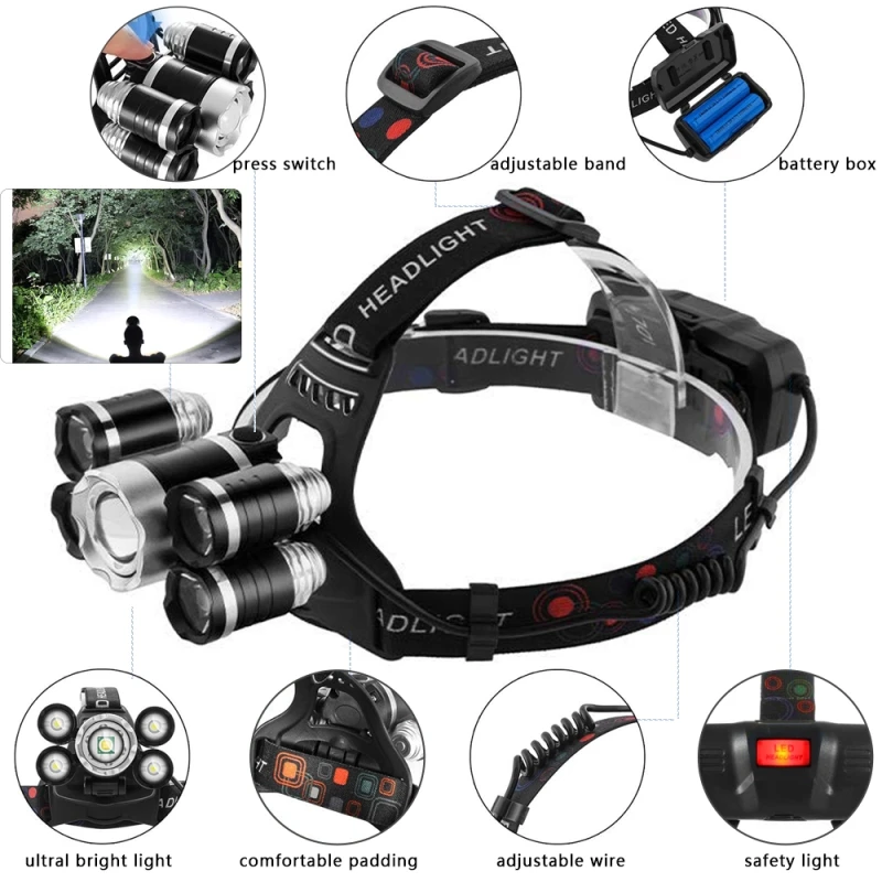 100000 Lumens Bright 5 Led Headlamp XML T6 Powerful Outdoor Torch Headlight with 18650 battery Flashlight Lights for Fishing | Лампы и