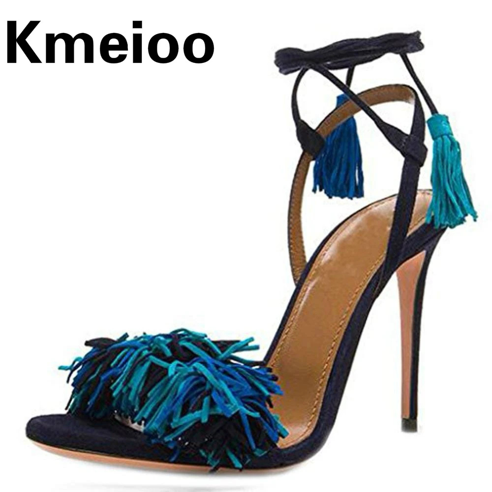 KmeiooPlus/Летняя женская обувь Босоножки с бахромой Замшевые вечерние туфли