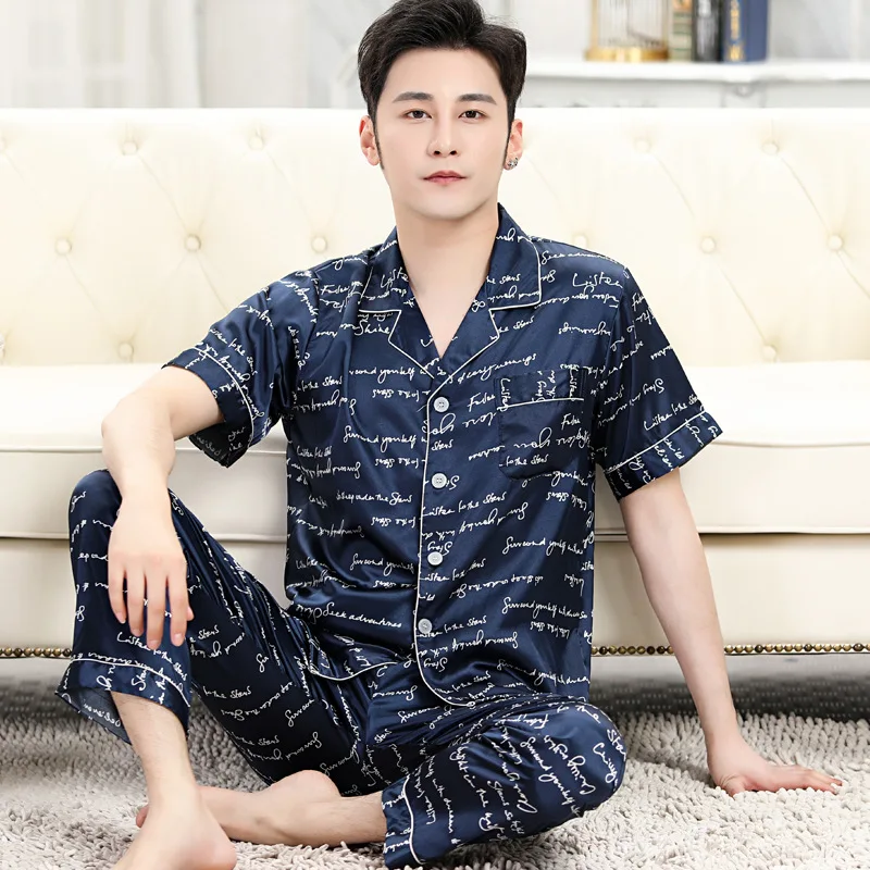 Spring Summer Thin Ice Silk Men's Pajamas Set Stain Print Leisure Sleepwear Loose Soft Short Sleeve Pajama Pants Tops Homewear