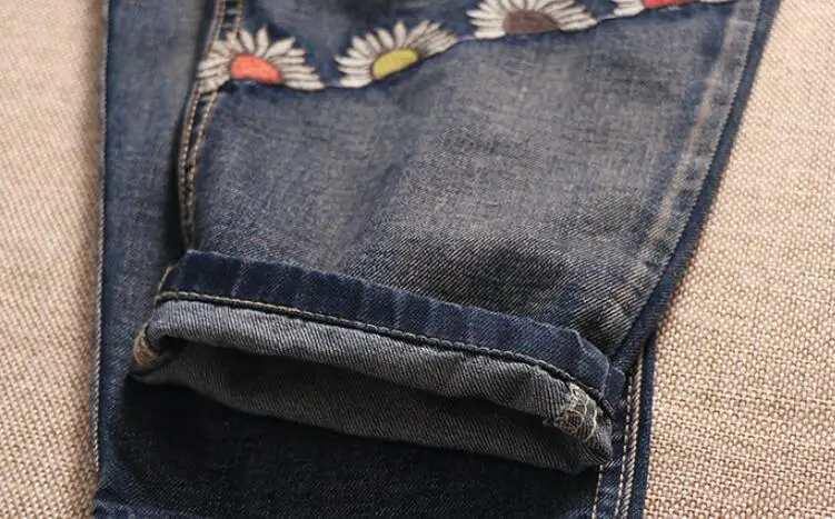 

Women Fashion Elastic Waist Girl Embroidery Plaid Patchwork Denim Harem Pants Vintage High Waist Loose Casual Wild Jeans p2420