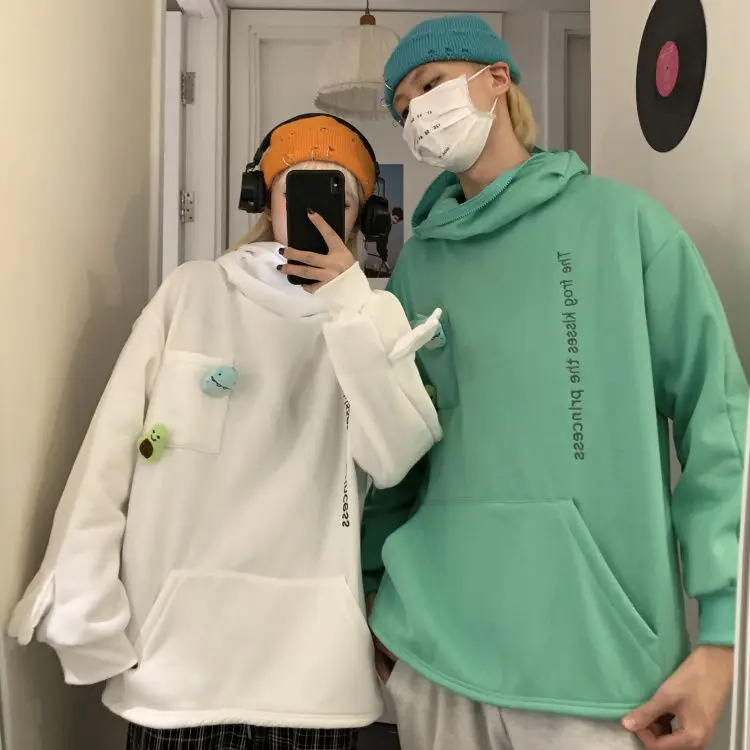cartoon Frog hoodie trend Korean style with fleecy top funny cosplay couple hoodie coat CN(Origin)