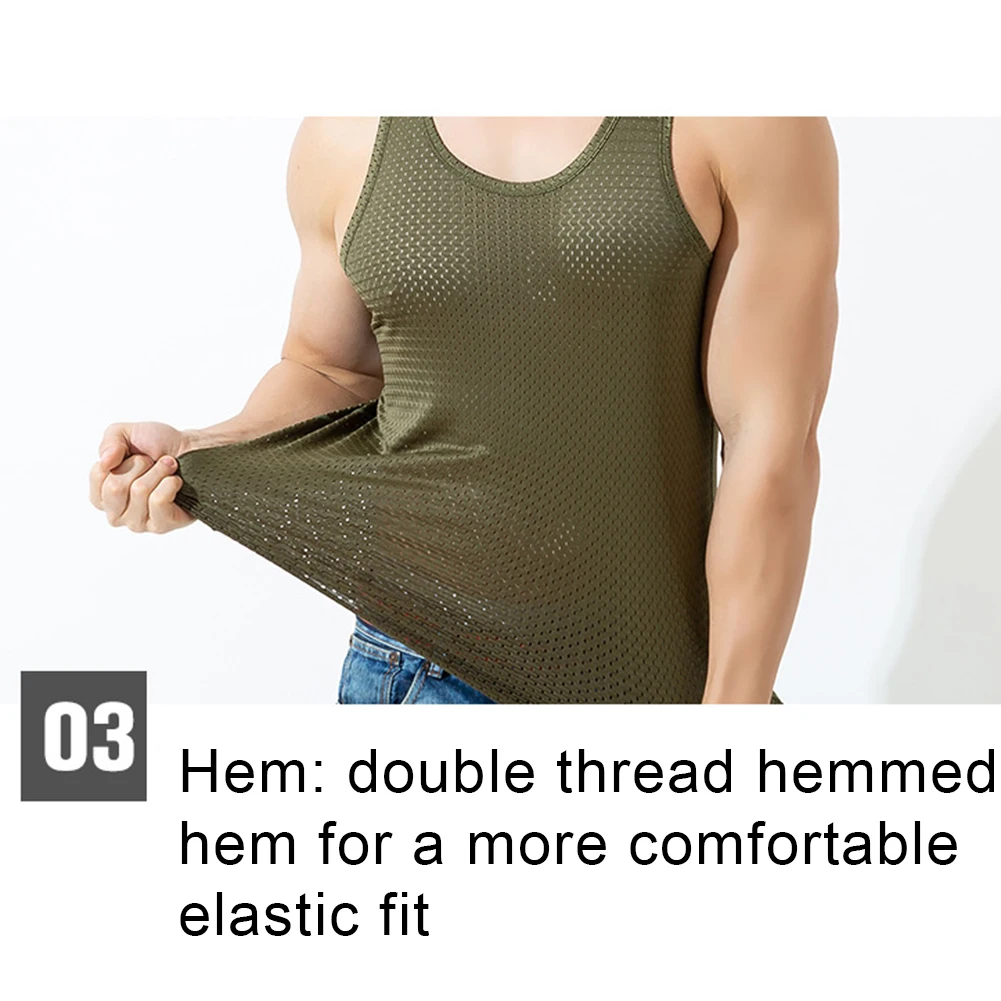 Мужской спортивный однотонный сетчатый прозрачный топ без рукавов с круглым