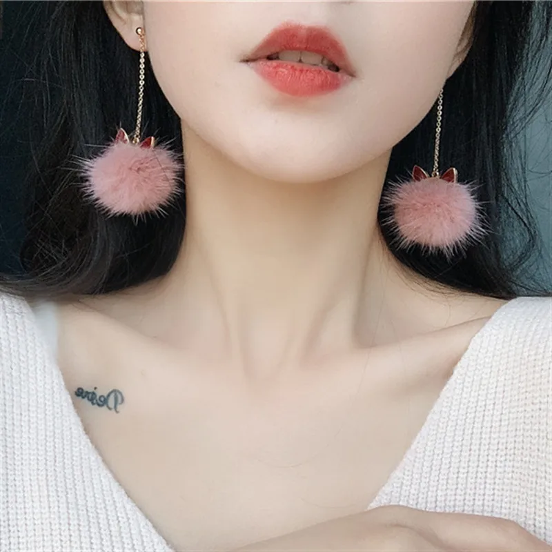 Женские серьги подвески с помпоном милые длинные из кроличьего меха и кошачьими