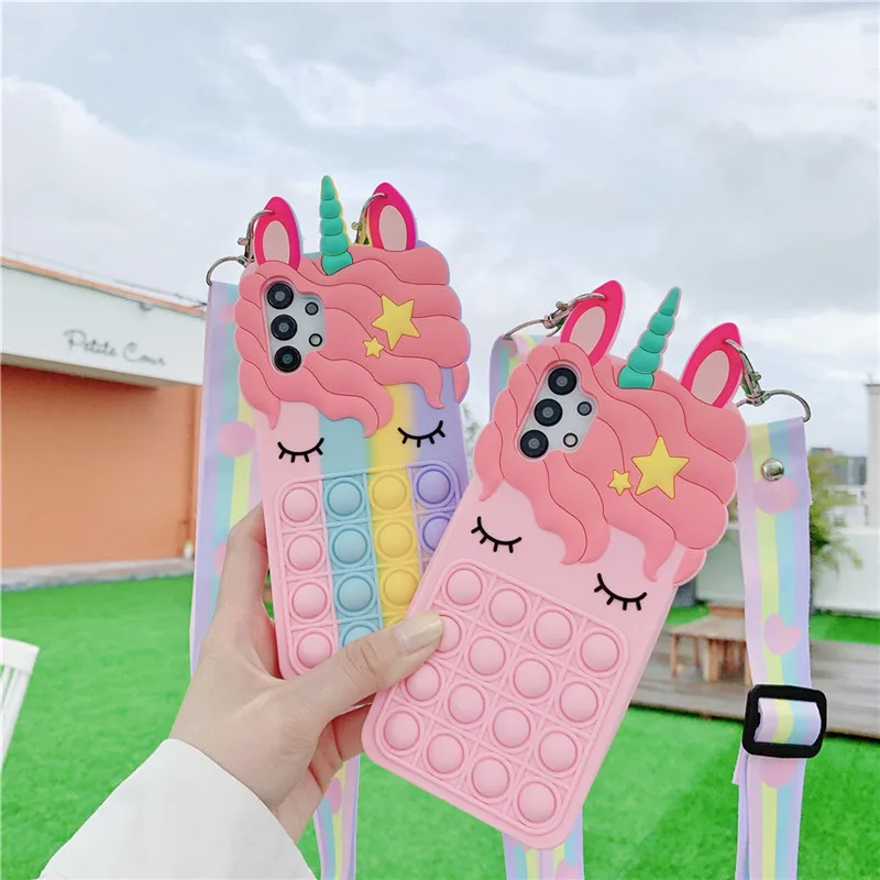 3d cute unicorn lanyard case for xiaomi redmi 9a note 10 9 8 pro 9s 10s poco m3 relieve stress pop push bubble soft phone cover free global shipping