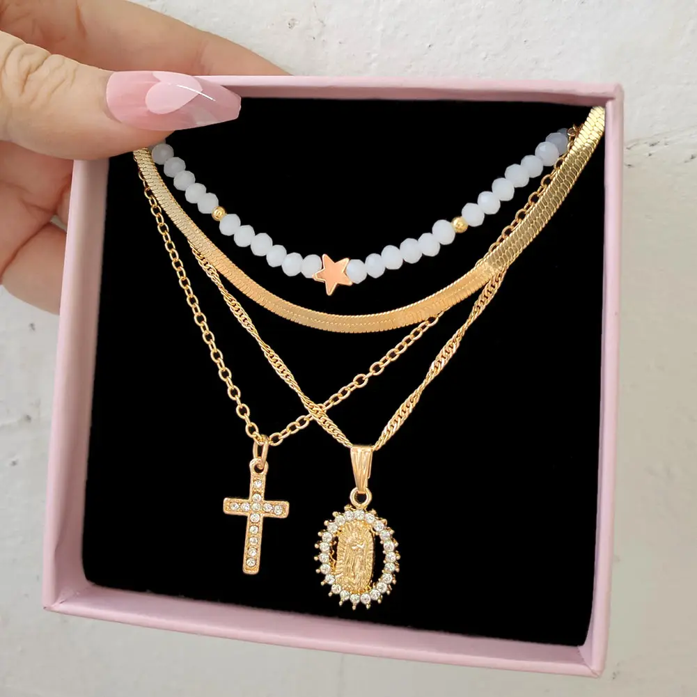 

Handmade Crystal Cross Flower Beaded Necklace For Women Jewelry Bulk Star Bead Choker Snake Twisted Chain Multilayered Necklaces