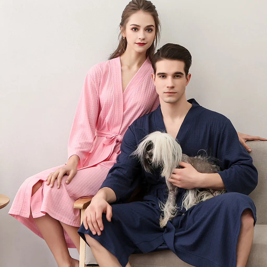 waffle bathrobe solid sleepwear Robe men women autumn winter pajamas long robes Unisex Breathable Home Clothes d90808 | Женская одежда