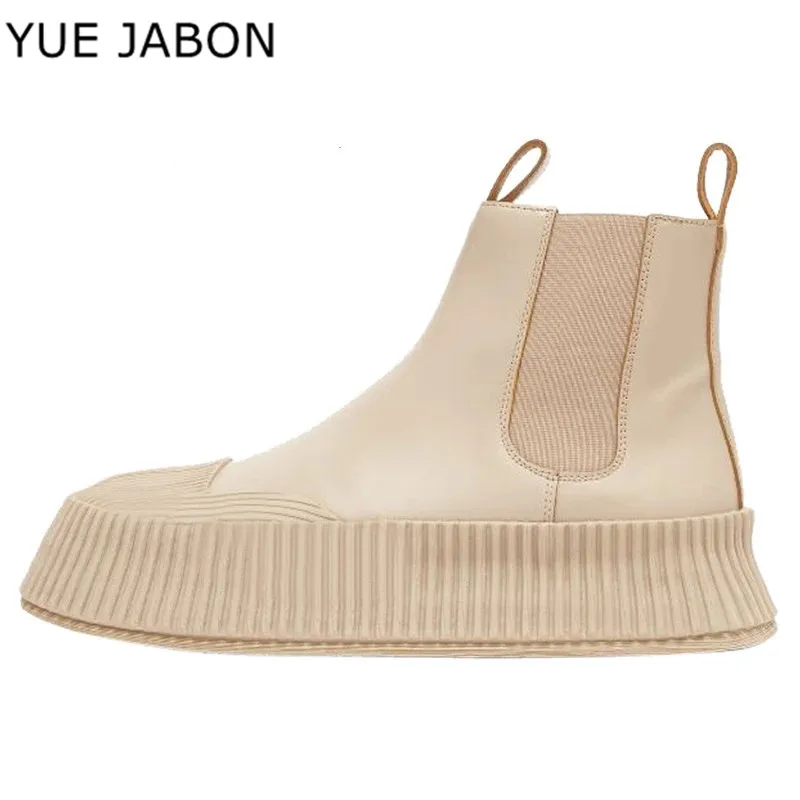 

Beige Black Soft Leather Ankle Boots Women Round Toe Thick Bottom Real Leather Chelsea Boots Fashion Martin Boots botas feminina