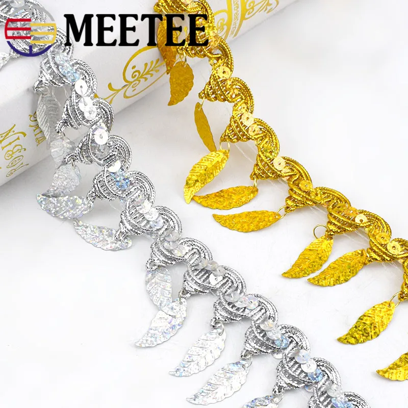 9 ярдов Meetee золотистые и Серебристые блестки в форме листьев кисточки кружевная