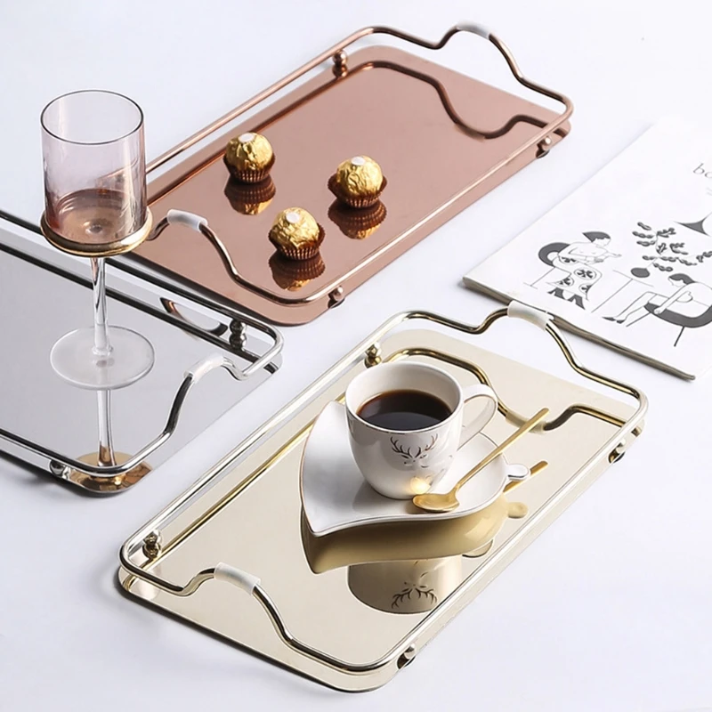 

Nordic Style Rectangular Stainless Steel Mirror Tray with Handles Coffee Bar Food Serving Trays Teapot Cup Dessert Plate