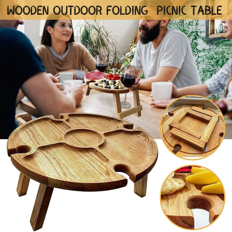 

Outdoor Wine Table Portable Wooden Folding Picnic Table Wine Glass Rack Collapsible Table for Outdoor Beach Grass Travel