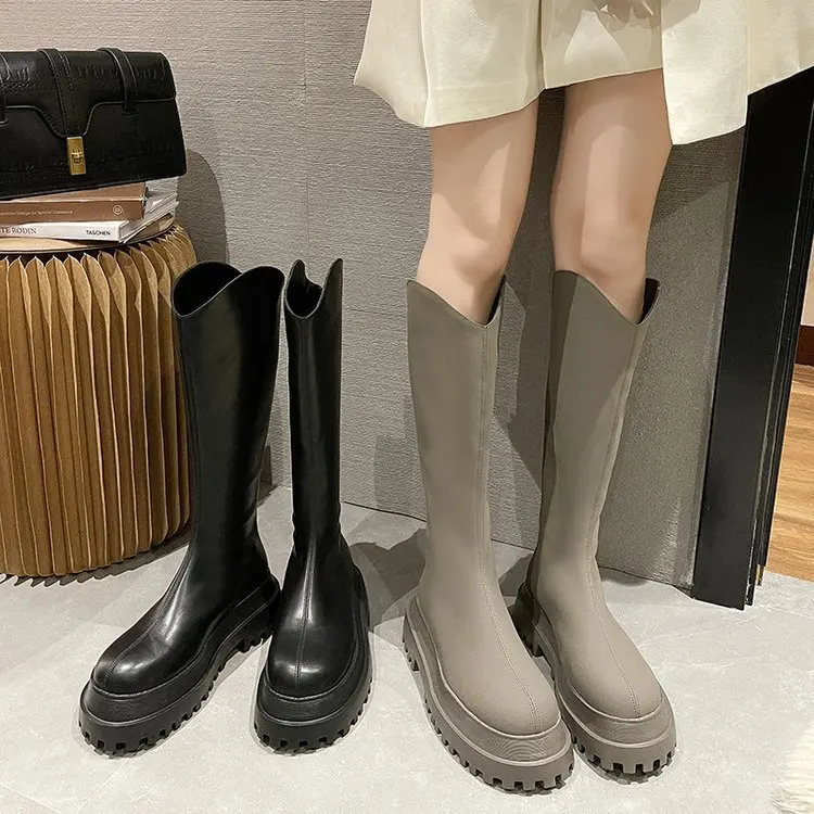 

2021 Platform Knee High Boots Slip-on Block Heel Footwear Women Thick High Heels PU Leather Shoes Fashion Spring Female Boots