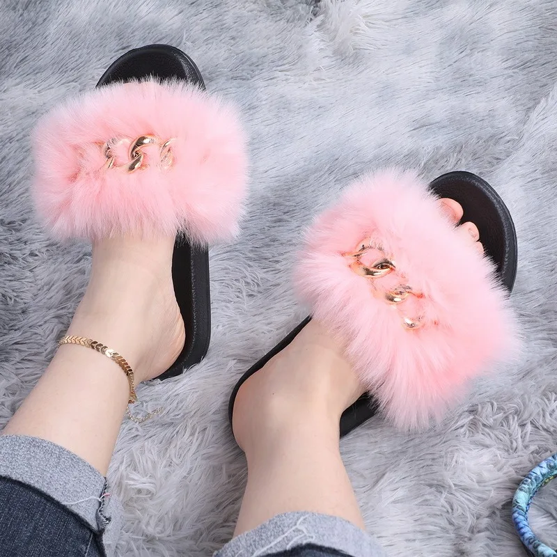 

Fluffy Flip Flops Real Fox Fur Slippers Designer Fashion Chain Furry Fur Slides Plush Beach Slippers Women Flat Summer Sandals