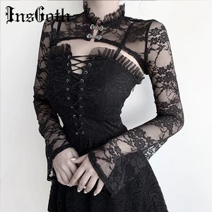 Свитшот женский кружевной InsGoth, с цветочной вышивкой и длинным рукавом, в готическом стиле