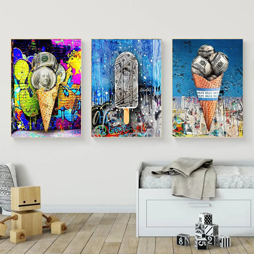 

Abstract Graffiti Money Pop Art Ice Cream Dollar Ball Canvas Painting Rich Candy Poster Print Wall Picture For Living Room Decor