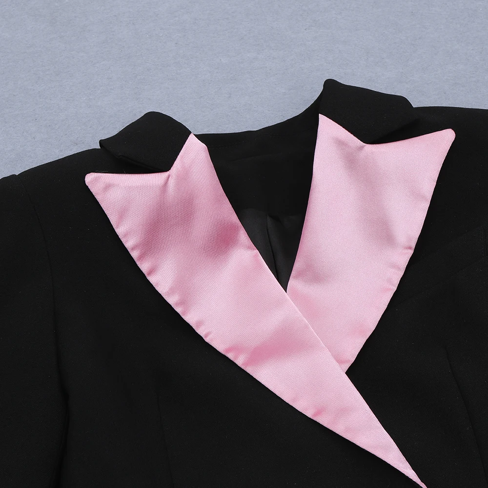 

VC Stylish Women Mini Dress Color Block Elegant Crystal Button Design Turn-down Collar Celebrity Party Club Vestido