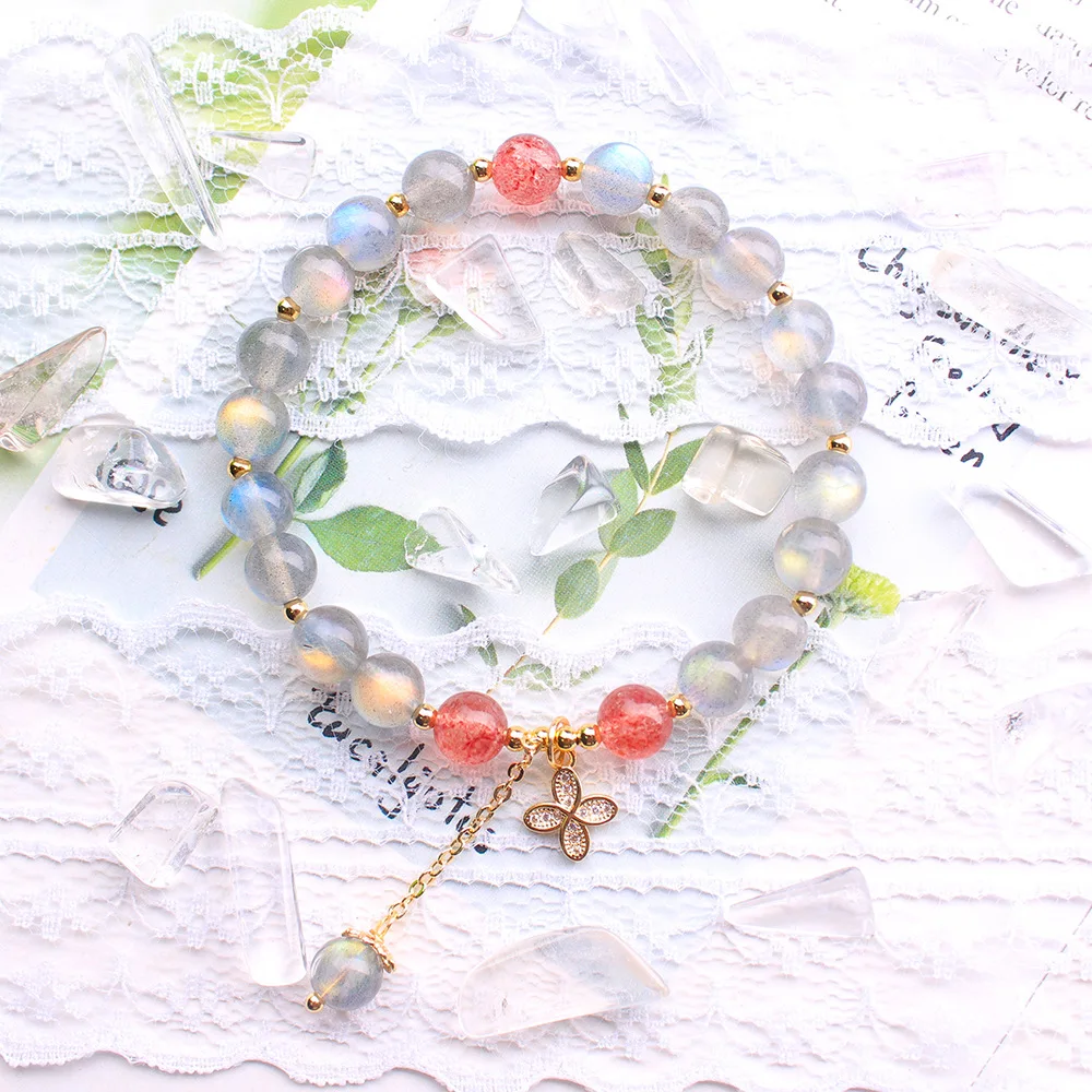 

Natural labradorite moonstone strawberry crystal beads DIY bracelet for women Lucky Energy Gem Healing Bracelet Women's jewelry