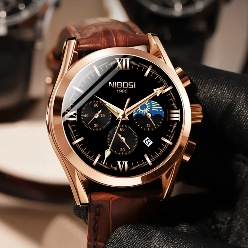 

NIBOSI New Fashion Mens Watches Top Brand Luxury Military Quartz Watch Premium Leather Waterproof Sport Chronograph Watch Men