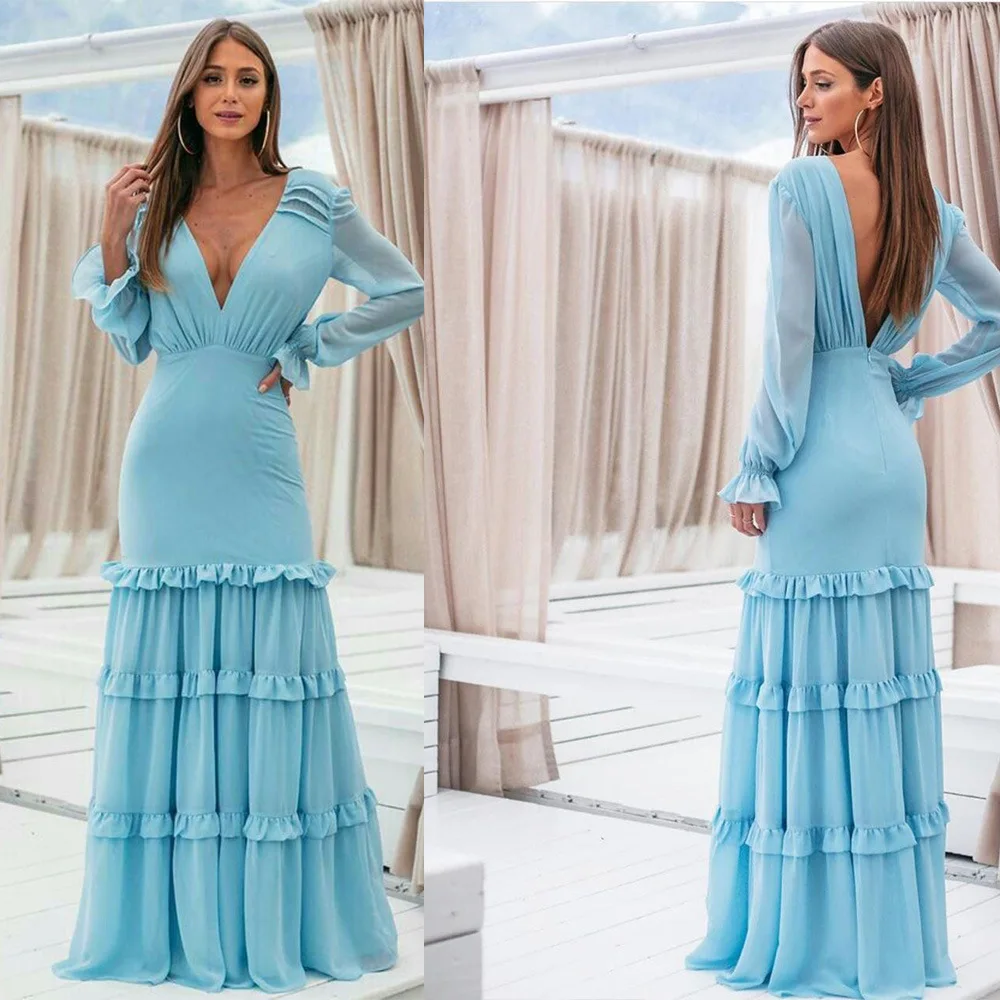 

Sexy Blue V-Neck Long-sleeve Backless Floor-Length Dress Sweet Style Chiffon Girl Birthday Party Dresses Fashion Women Clothing