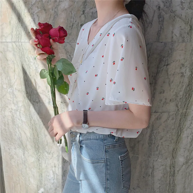 Рубашка Новая Летняя женская повседневная с v-образным вырезом винтажная блузка