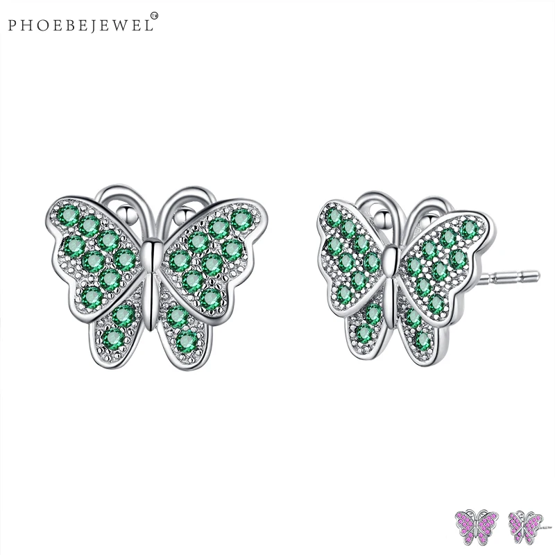 PHOEBEJEWEL Классическая Серебряная бабочка женские серьги гвоздики с AAA CZ свадебные