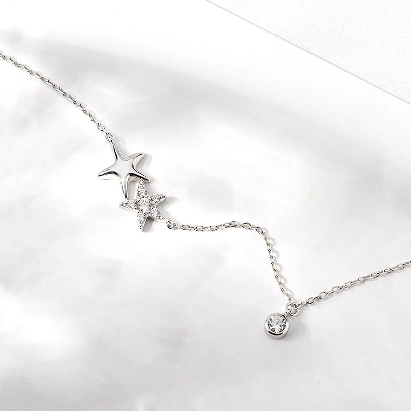 Оптовая продажа Серебряный цвет двойная звезда Подвеска Ожерелье AAA циркон