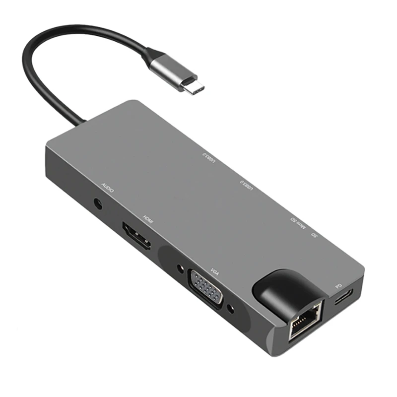 

Док-станция 9 в 1 USB C HUB, док-станция с USB3.0X2 + SD/TF + VGA + HDMI + аудио + RJ45 + PD для ПК и ноутбука