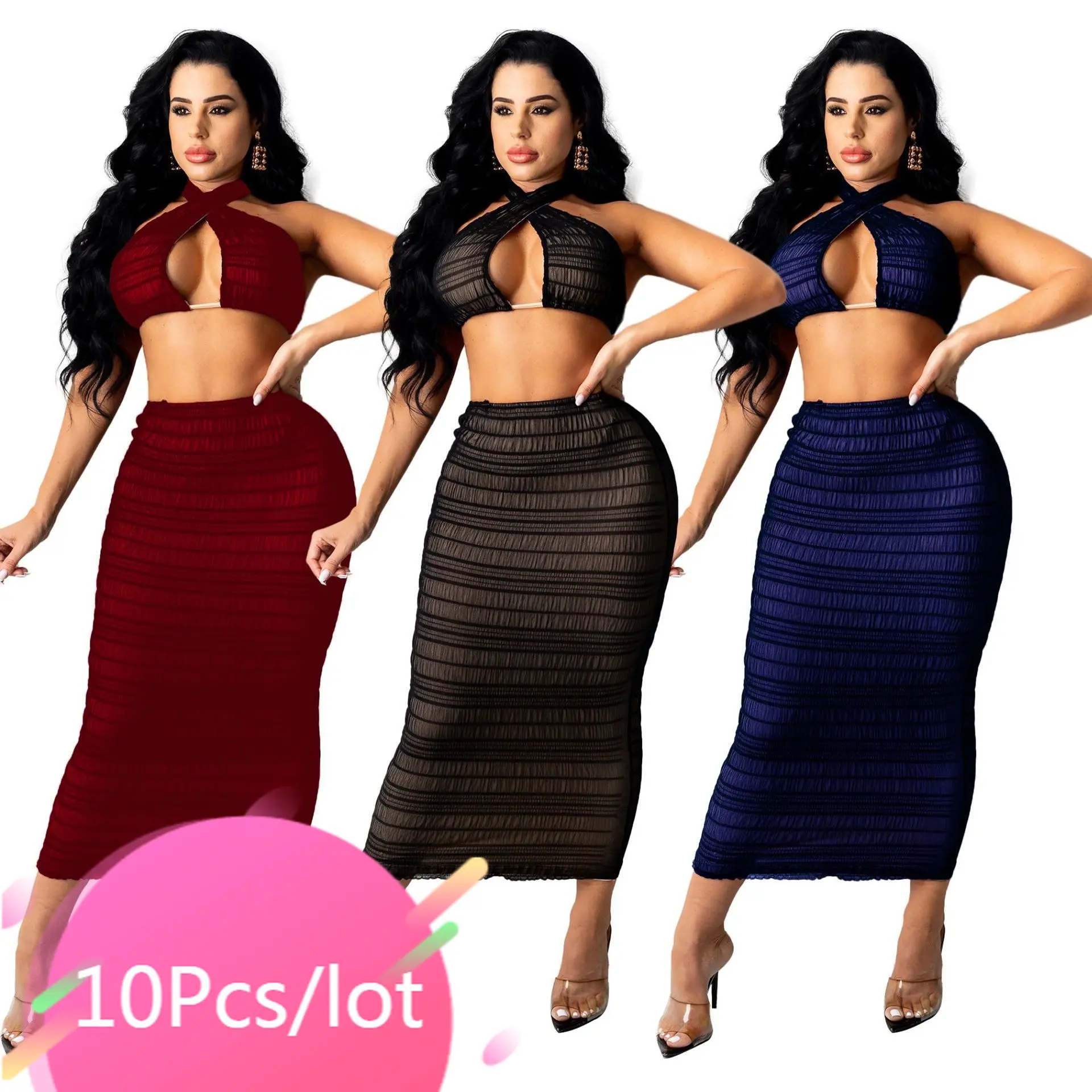 

Bulk Items Wholesale Lots Two Piece Set Women Skirt Halter Backless Wrap Crop Tops Ruched Dresses Sexy Club Outfits for Women