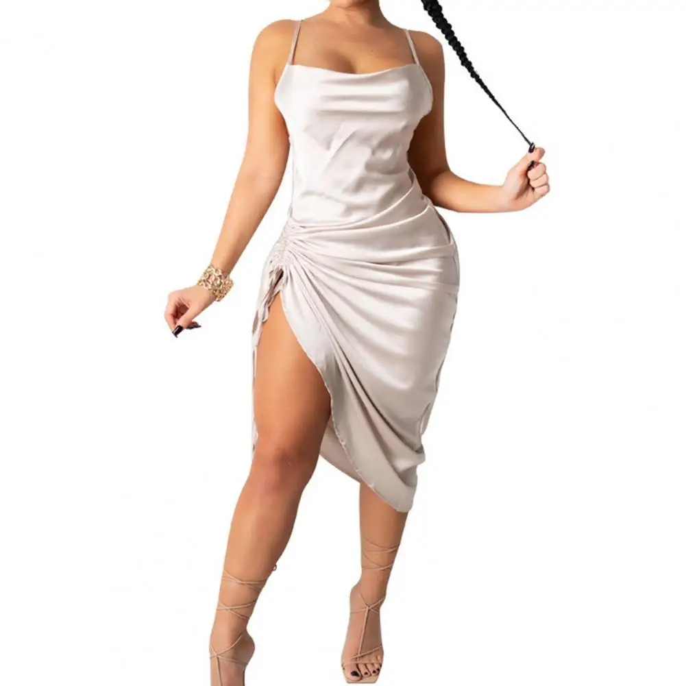

Sexy Lady Sleeveless Dress Ruched Satin Summer Dress Drawstring Spaghetti Straps Cowl Neck Backless Long Dresses for Women Party