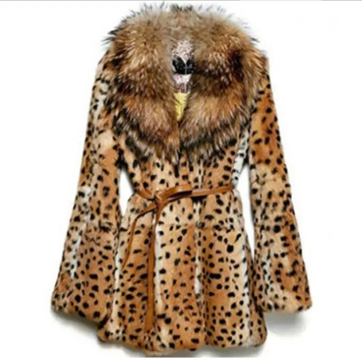 Leopard Print fur leather jacket womens warm faux mink fur leather coat women loose jackets winter thick fashion big fur collar