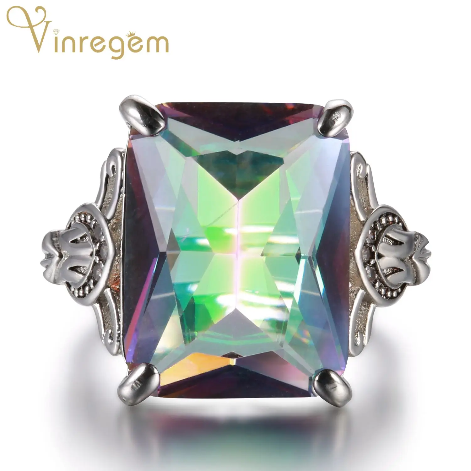 Vinregem 925 Solid Sterling Silver Mystic Rainbow Topaz Gemstone Birthstone Carved Ring Wedding Band Fine Jewelry Drop Shipping | Ювелирные