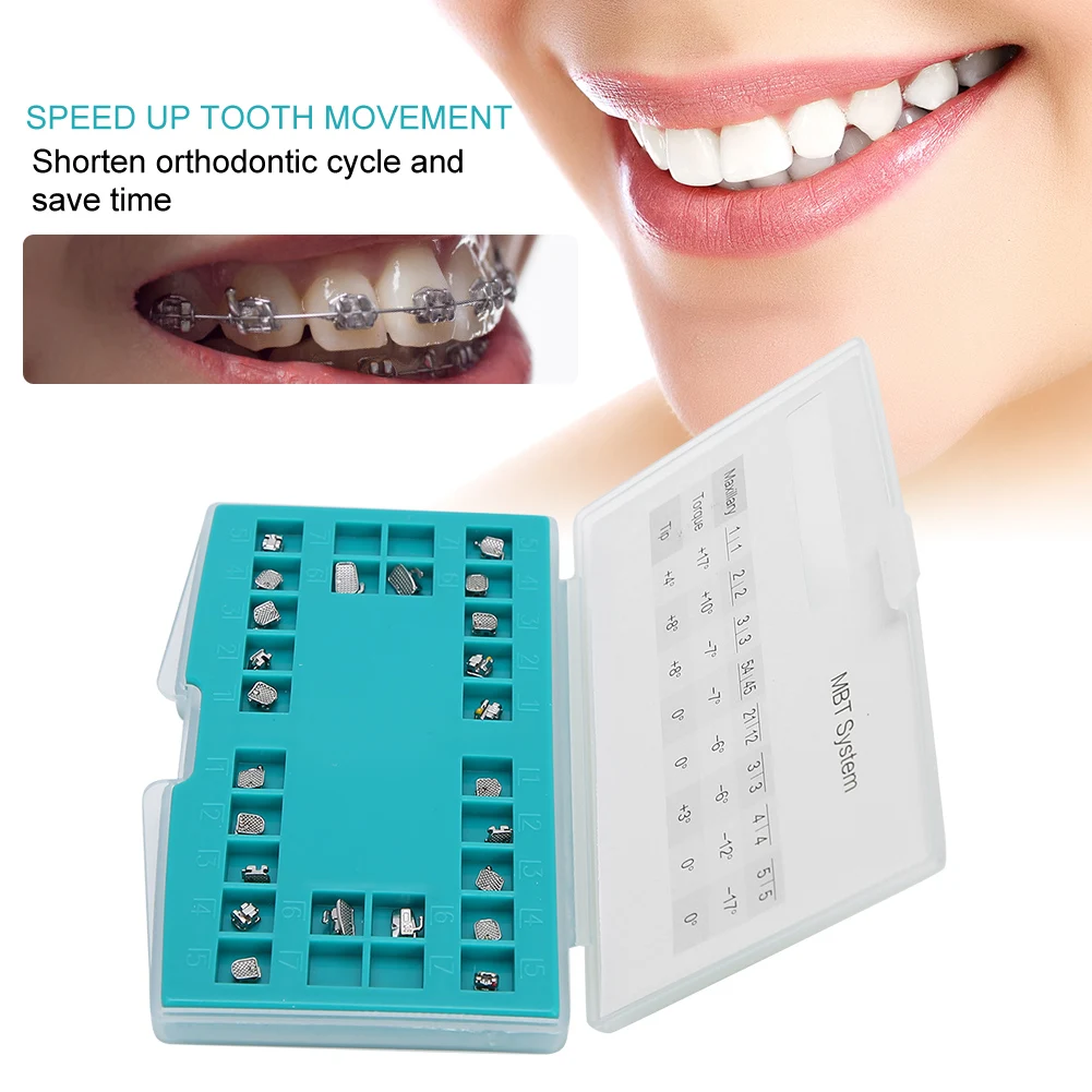 

24Pcs Small Mini Oral Care Metal Dentist Orthodontic Bracket Dental Self‑Ligating Brackets MBT3 Hook With Storage Box Brace Tool