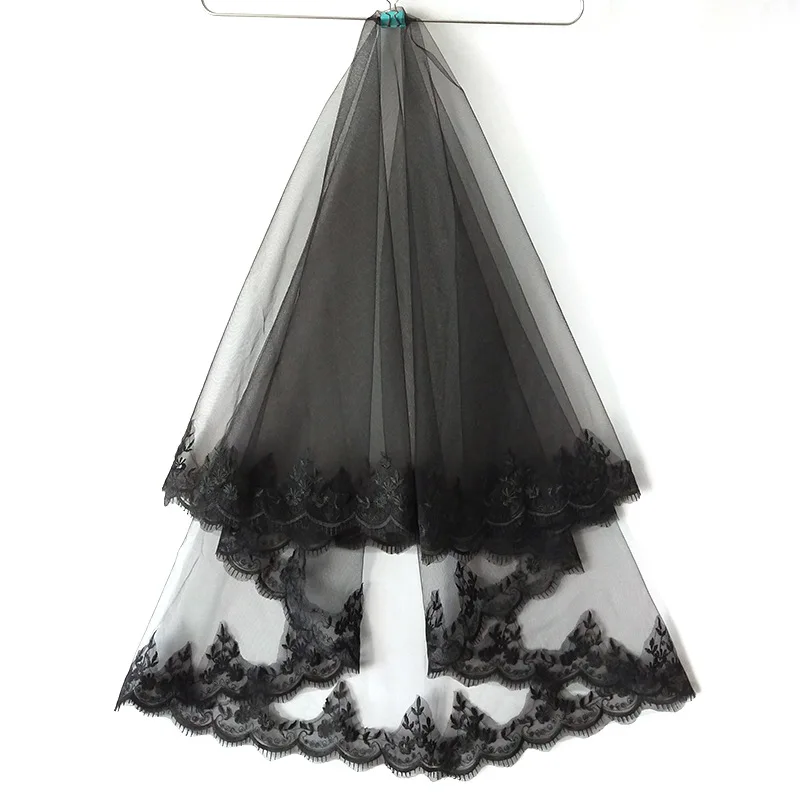 

One-Layers Women Girl BlackWedding Veil Appliques Lace Trim Halloween Cosplay Costume Sheer Hair Accessories