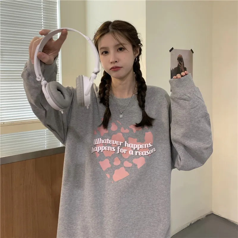 

Oversized Women's Classic Love Print Sweatshirt Long Sleeve Tops Autumn Soft Retro Loose O Neck Pullovers Length T shirt