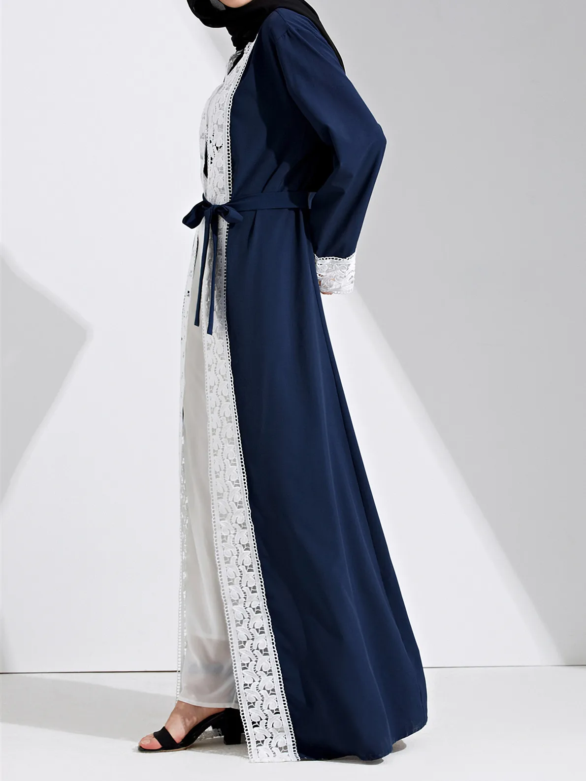 

WEPBEL Women Long Muslim Abaya Open Dress Lace Fashion Floral Middle East Full Sleeves Loose Ramadan Islamic