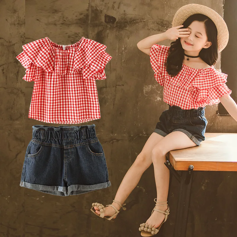 

Kids Clothes Summer New Style Girls Sets Plaid Short sleeved Shirt + Denim Shorts Baby Girls Children Clothing Outfits Set 2pcs