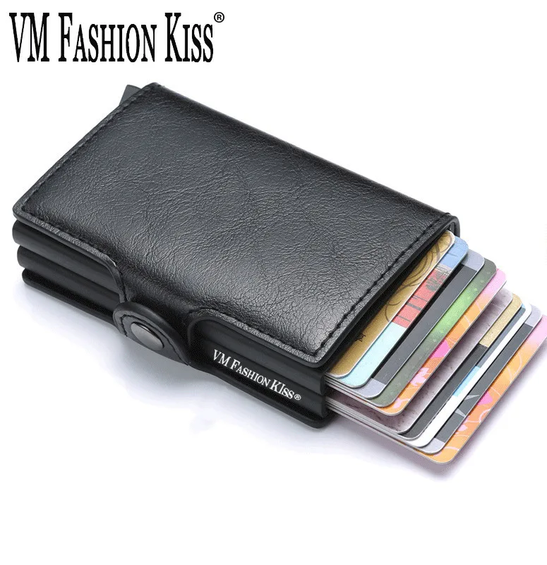 VM FASHION KISS RFID Genuine Leather Minimalist Wallet DIY Metal Aluminum Safe Purse Credit Id Business Card Holder Cardholder