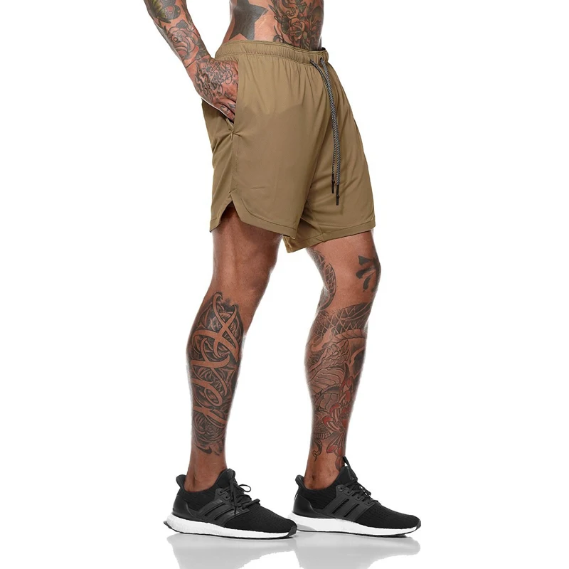 

Men Summer Casual Solid Color Sports Shorts Quick Drying Muti Pocket Double Mesh Elatic Jogging Training Five Point Pants Male