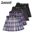Женская клетчатая мини-юбка с высокой талией, трапециевидная винтажная теннисная юбка в стиле Харадзюку с карманами и цепочкой, уличная одежда, новинка 2020