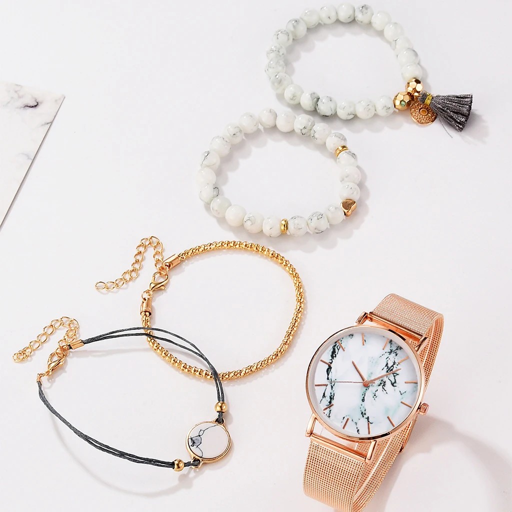 Часы женские кварцевые с металлической сеткой повседневные наручные мраморным