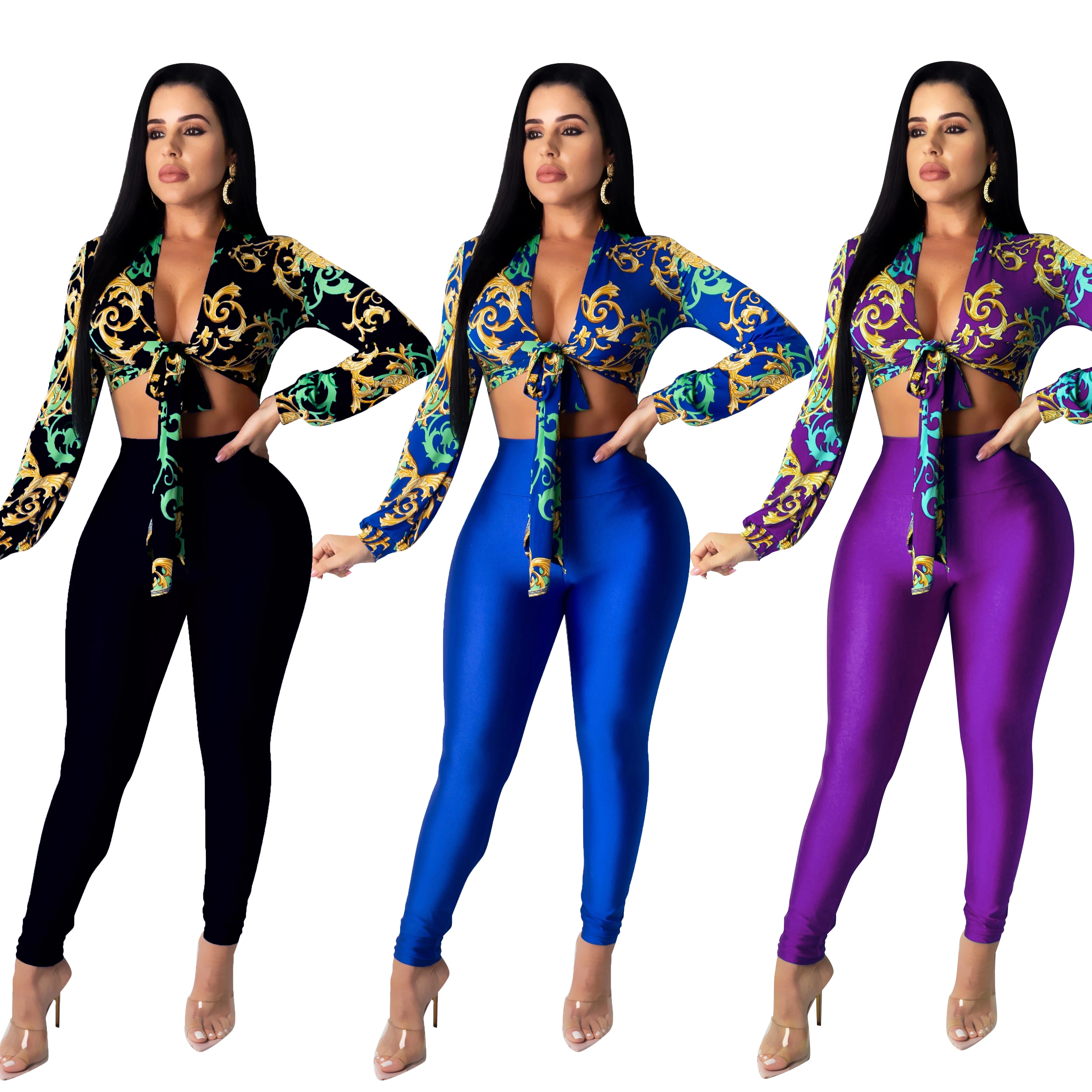 

Потрясающая Женская одежда с принтом, модная женская короткая рубашка с v-образным вырезом и длинными рукавами + обтягивающие штаны, вечерни...