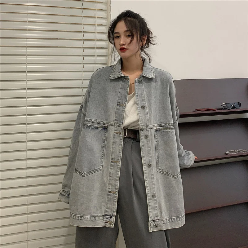 

Women Korean Style Solid Design Single Breasted Retro Oversize Loose Button Jacket Coats Casual Denim Pocket Coat Chic Tops