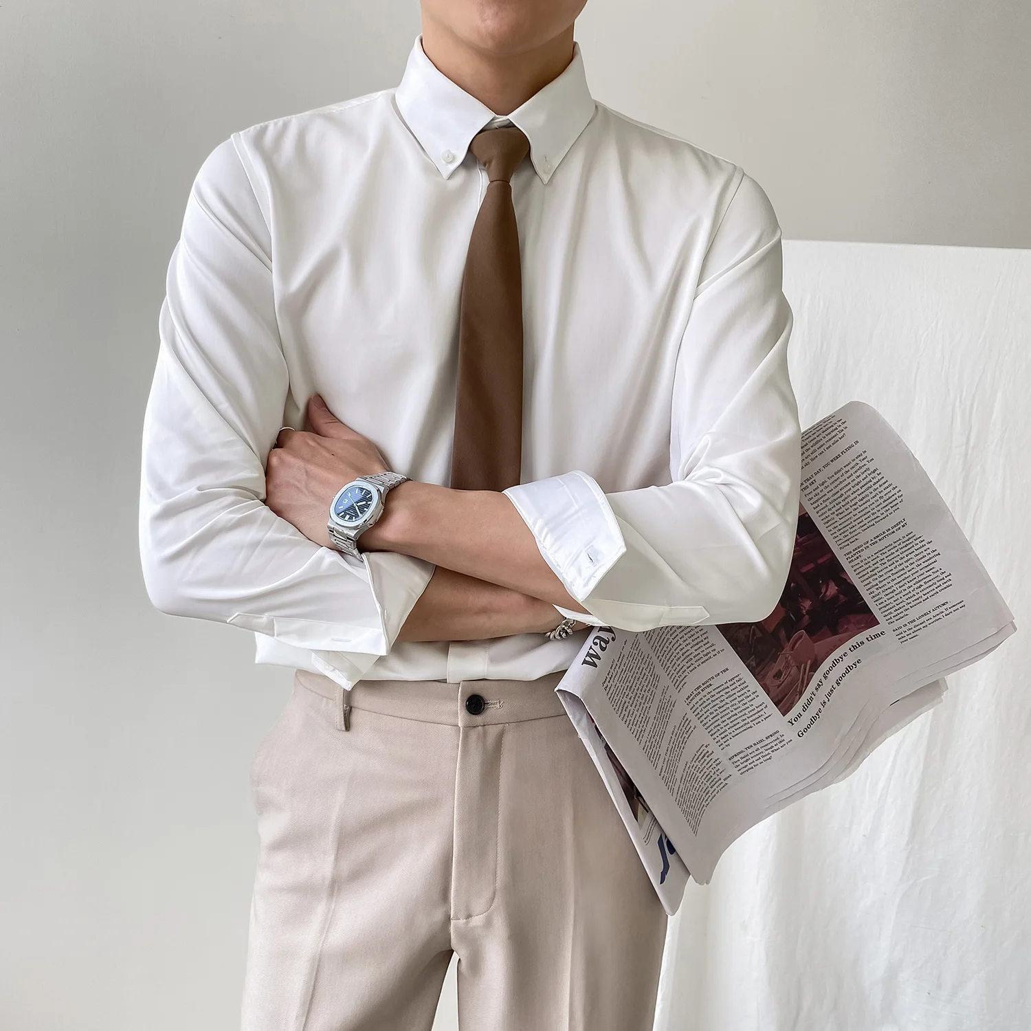 

Однотонные весенние рубашки для мужчин, одежда, корейские приталенные мужские повседневные рубашки, рубашки с длинным рукавом, мужские дел...