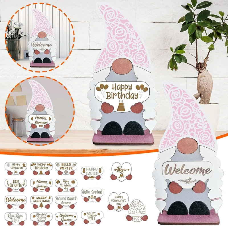 

Gnome Door Hanger Wooden Seasonal Welcome Sign with Interchangeable Holiday Pieces for Front Door Porch Hanging Decor