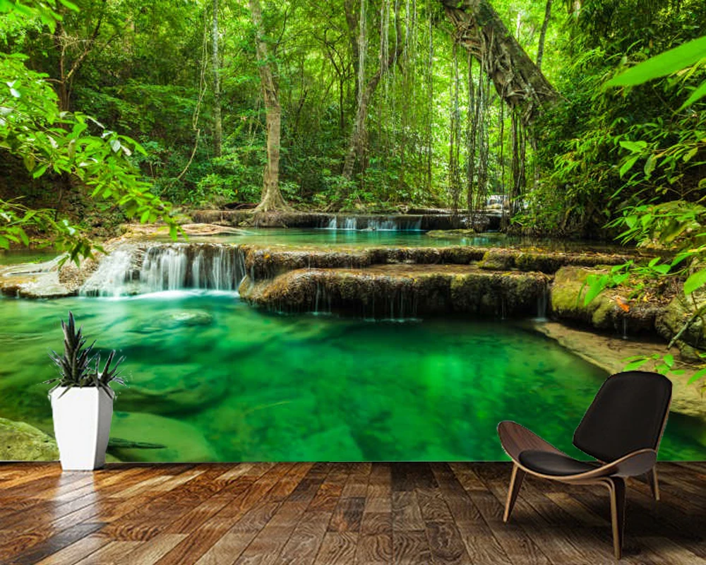

Papel de parede Beautiful jungle waterfall landscape 3d wallpaper,living room bedroom wall papers home decor kitchen mural