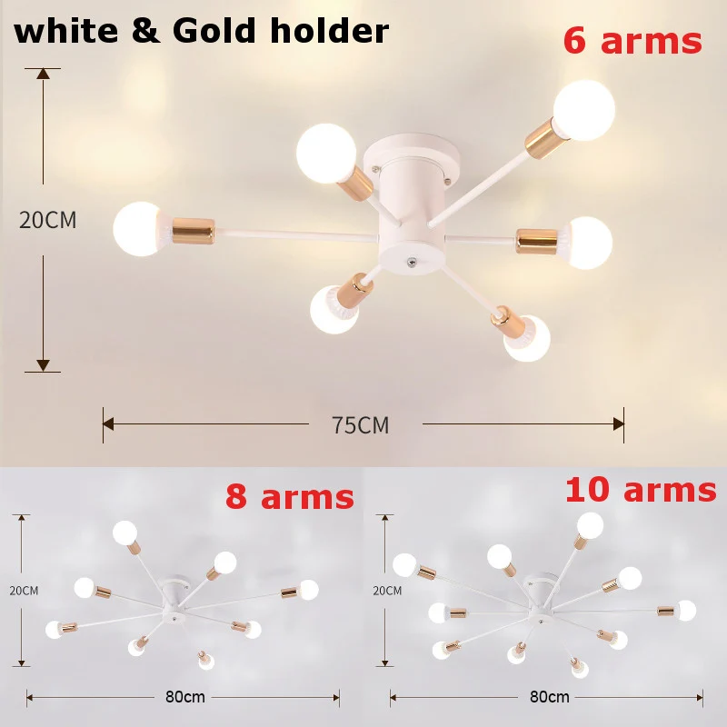 white golden holder Ретро Железный подвесной светильник s черный/белый 6/8/10 розетки светильник ing Винтаж паук подвесной светильник современный потолочный светильник - Цвет корпуса: white golden holder