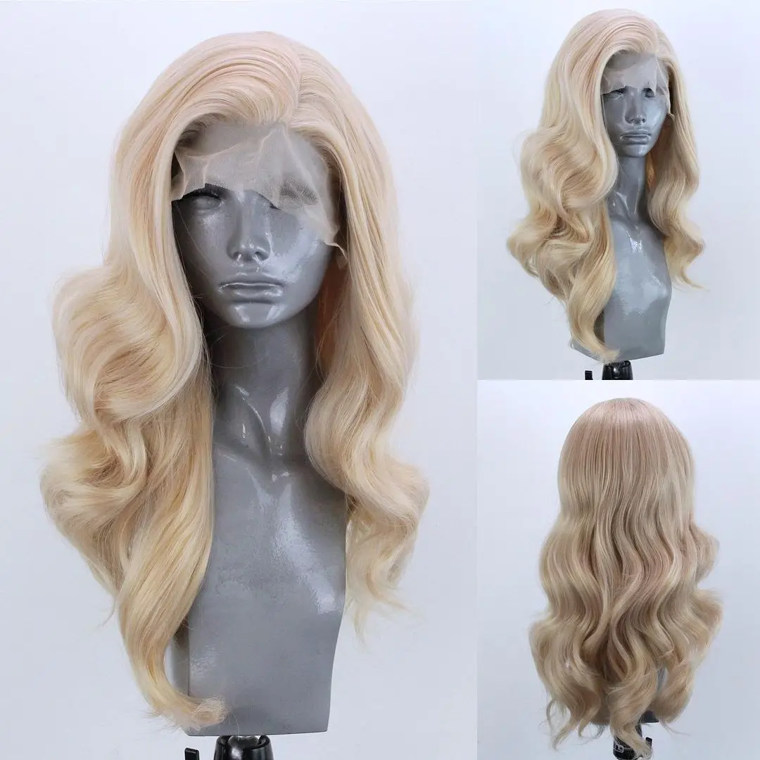 Golden Synthetic Lace Front Blonde Wig Long Wavy High Density Side Part Lace Wigs Synthetic Hair Wig for Women