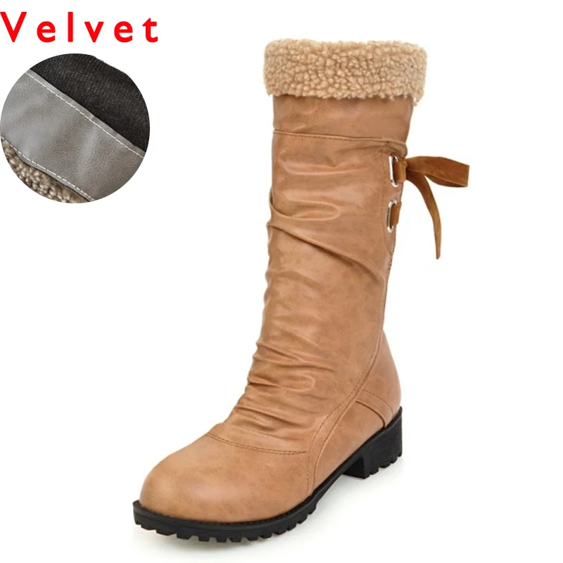 yellow velvet Haoshen& Girl/ботинки до середины икры из PU искусственной кожи с меховой подкладкой зимняя обувь женская повседневная обувь на плоской подошве зимние ботинки обувь на шнуровке Размер 10,5, 34-43 - Цвет: yellow velvet